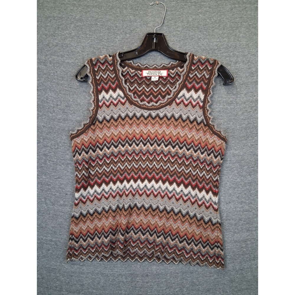 Beyond Threads Womens Sweater M Brown Alpaca Wool Vest Chevron Retro Boho Chic